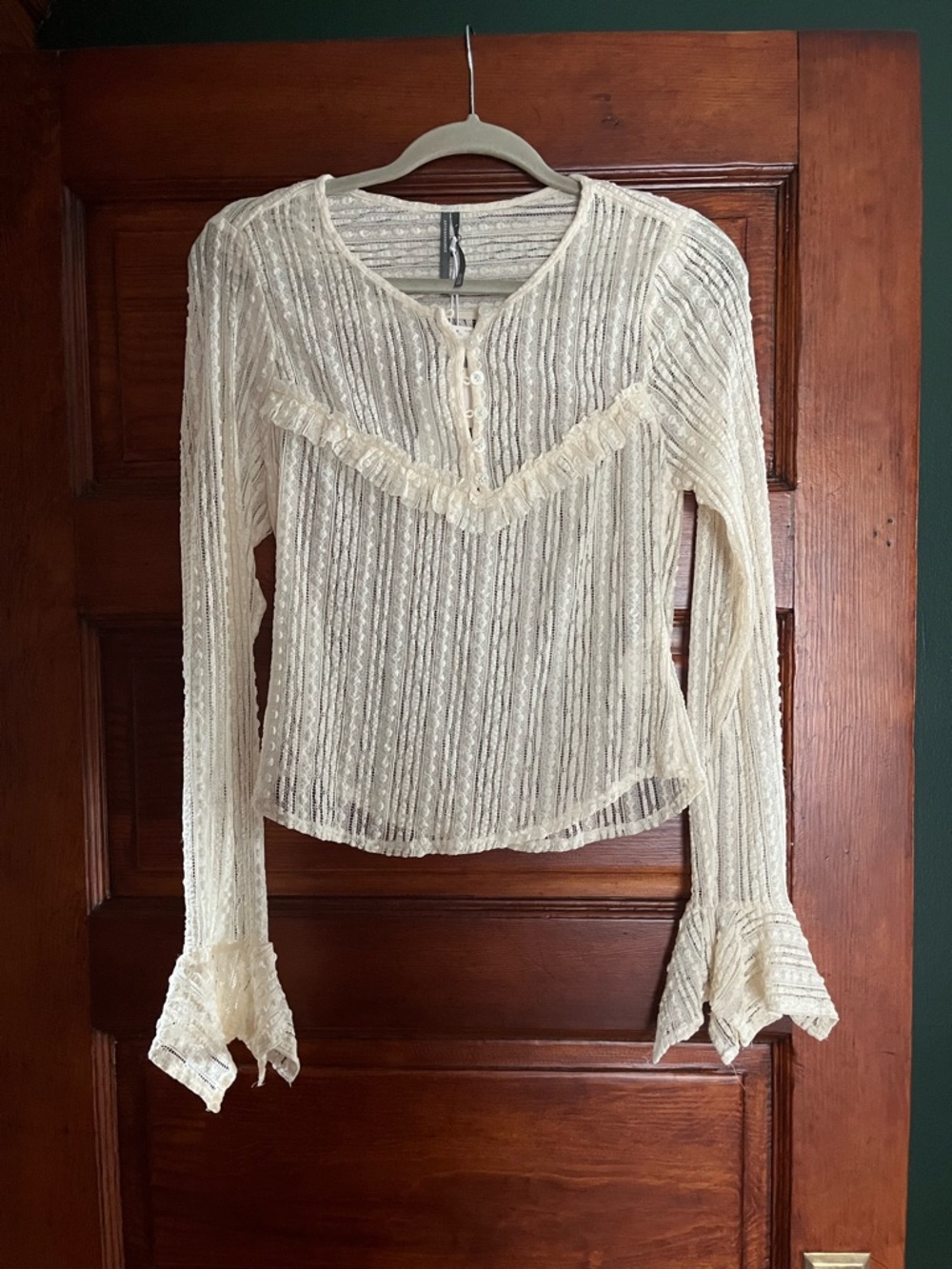 Anthropologie Cream Lace Ruffled Long-Sleeve Blouse